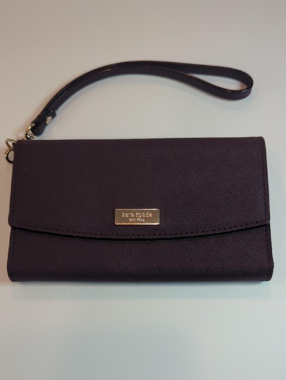 kate spade Plum Saffiano Wristlet Clutch with Gold Logo